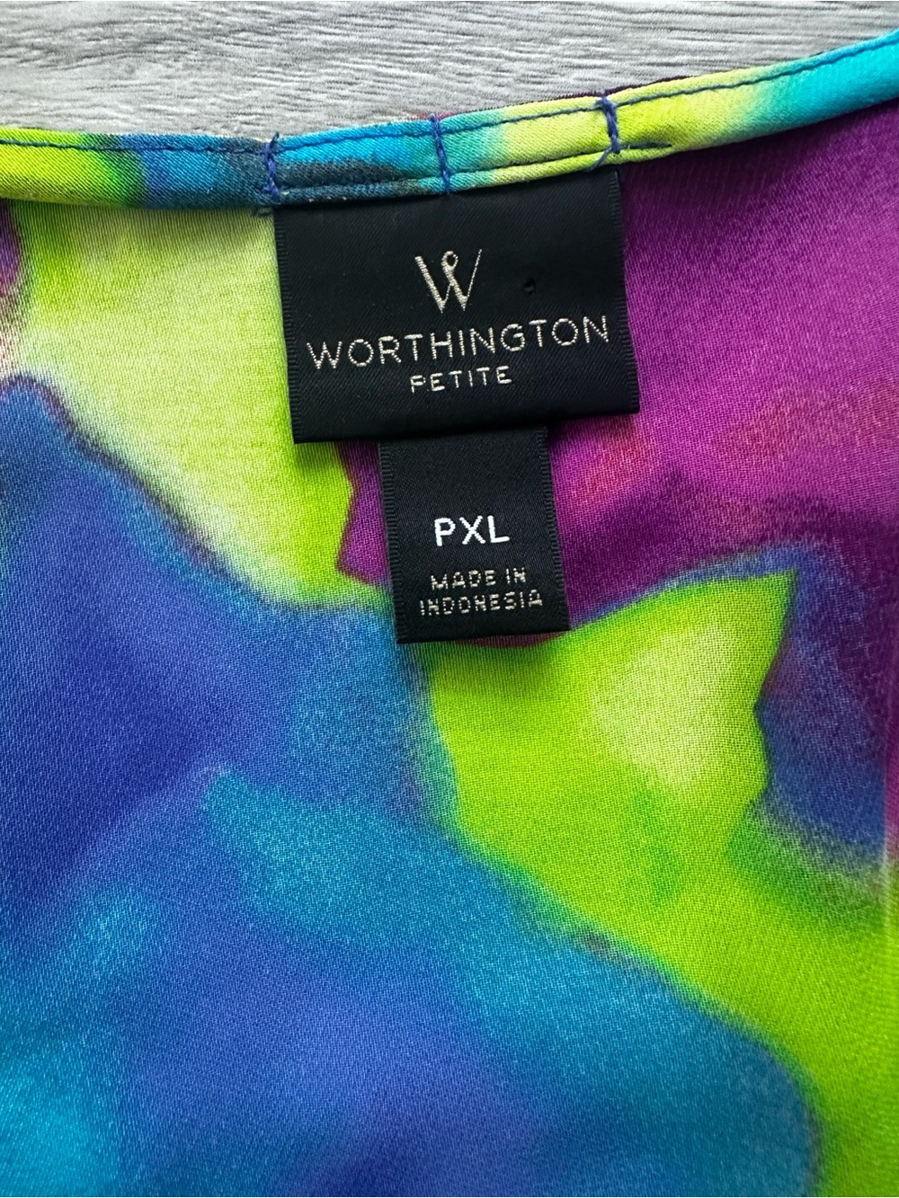 Worthington Watercolor Abstract Pleated Front Blouse Petite XL Blue Green Purple - Picture 4 of 6